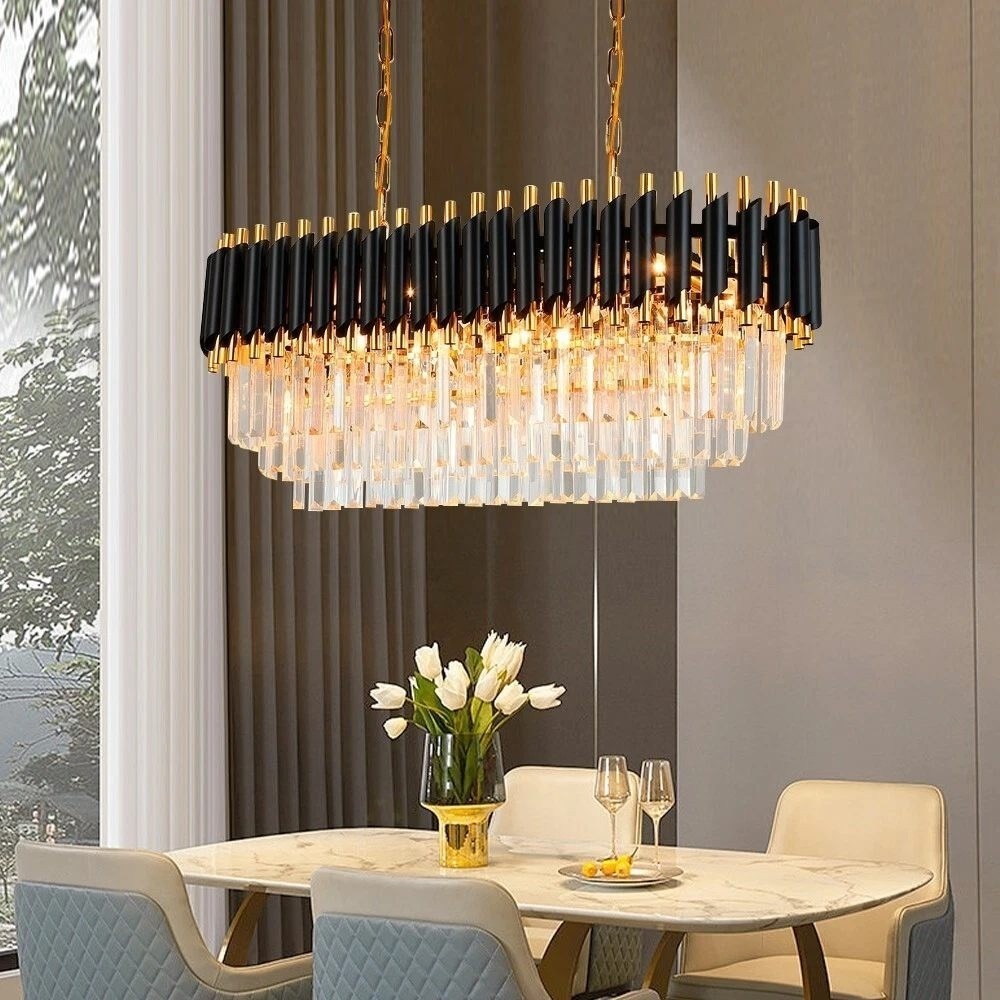 AXILIXI Modern Crystal Chandelier Rectangular Island Pendant Light Black Gold - Picture 2 of 2